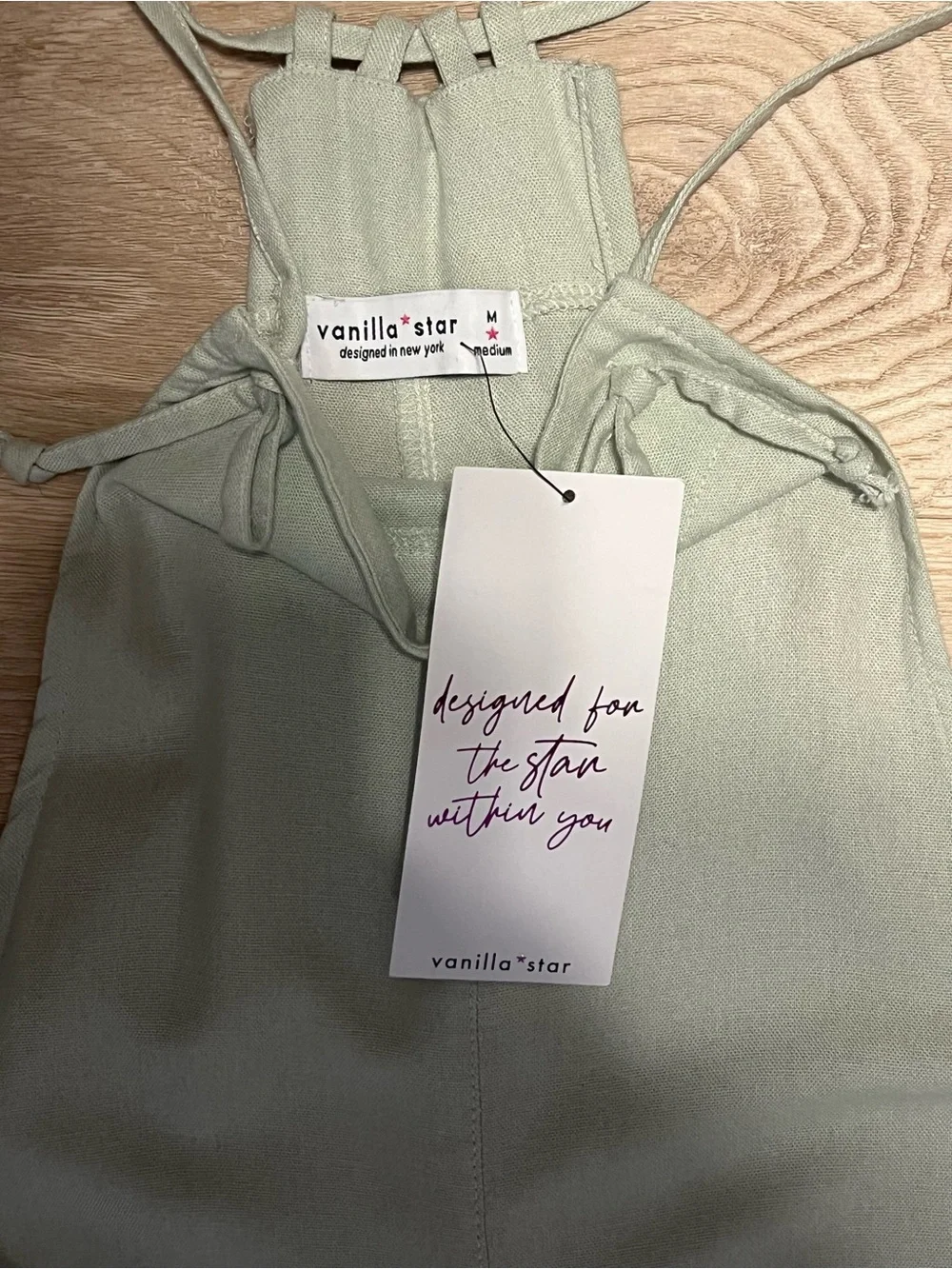 NWT Vanilla Star Sage Green Linen Blend Wide Leg Jumpsuit Strappy Back Size M